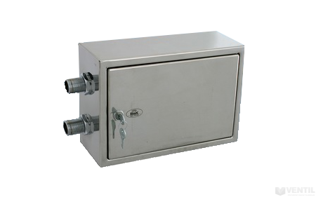 B&K termosztatikus 1"-os keverõegység rozsdamentes dobozban, nyomáscsökkentõvel, falon kívüli, 30-65