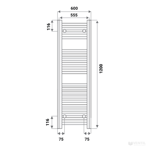 Silver 600X1200 mm íves elektromos törölközőszárító radiátor fehér, 600W-os fehér termosztátos fűtőpatronnal, végdugóval