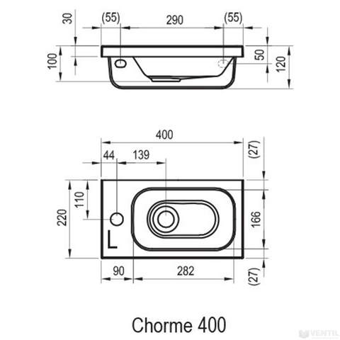 Ravak Chrome 400 jobbos mosdó, 40x22 cm, szabadon álló/beépíthető, fehér öntött műmárvány, csaplyukkal