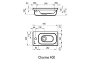 Ravak Chrome 400 jobbos mosdó, 40x22 cm, szabadon álló/beépíthető, fehér öntött műmárvány, csaplyukkal